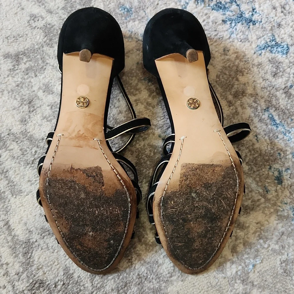 Tory Burch Women's Size 8.5 Breanna Black Gold Suede Leather Strappy Heels